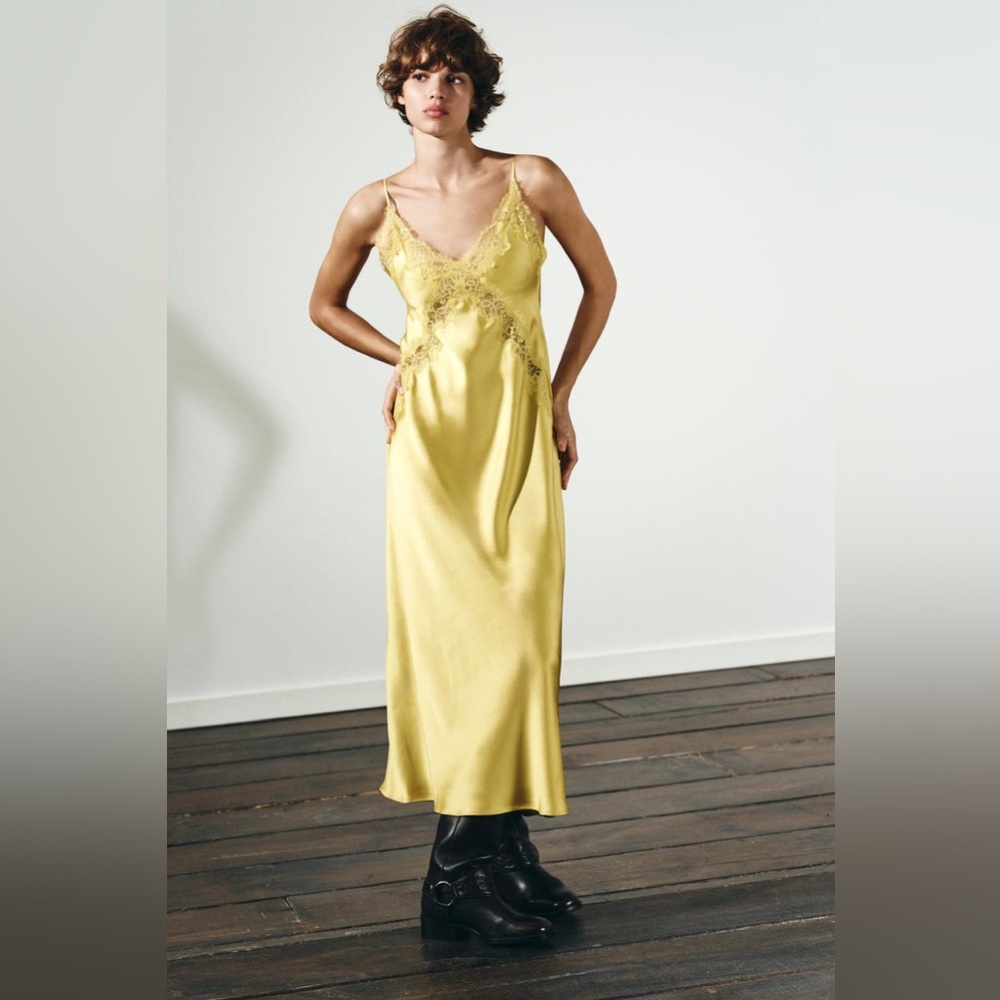 ZARA Yellow Satin Midi Slip Dress with Lace, New Medium - Picture 3 of 17